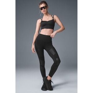 Alo‎ Black Leggings Workout Pants Sheer Mesh Leather 7/8 High-Waist Moto XS